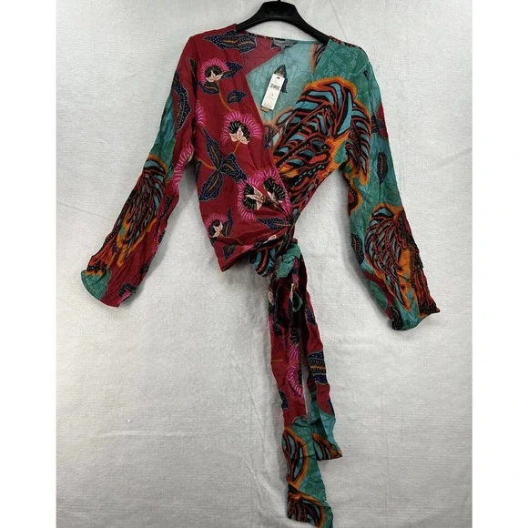 Anthropologie Conditions Apply Sleek Wrap Blouse Red Montif - Picture 3 of 12